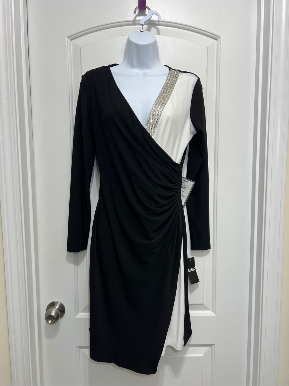 MSK Black and White Draped Ruched V-Neck Dress with Embellished Trim
